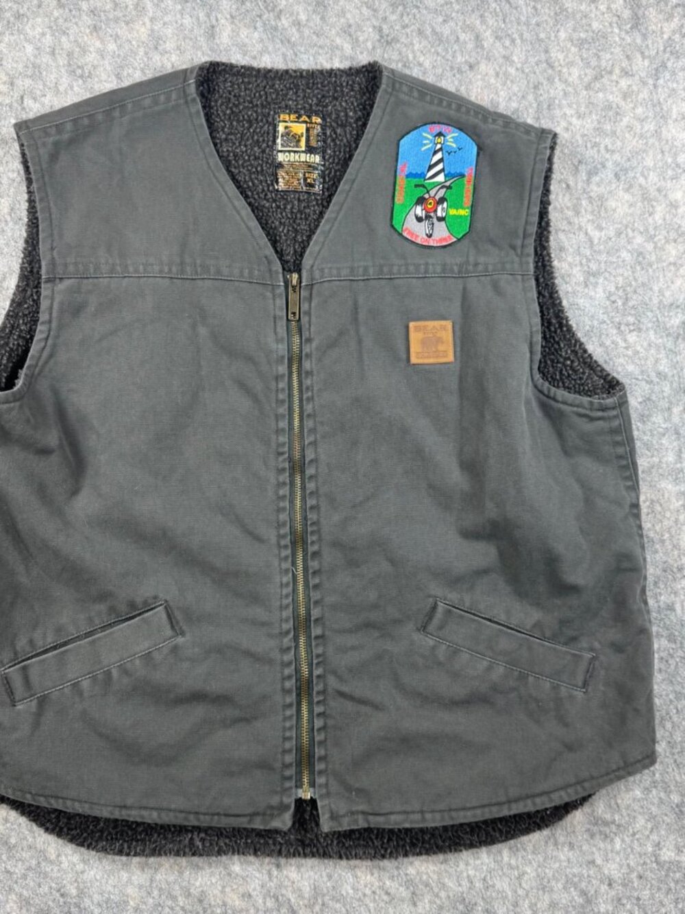 Bear River Workwear Mens Vest Sherpa Zip Up Canvas Gray Sz XL Patches